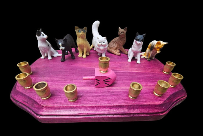 Cat menorah — kitty figures with pink whiskered dreidel on black cherry wood base | Judaica Square Lakewood