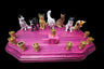 Cat menorah — kitty figures with pink whiskered dreidel on black cherry wood base | Judaica Square Lakewood