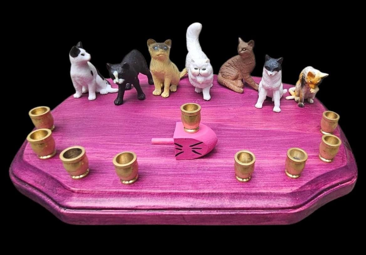 Cat menorah — kitty figures with pink whiskered dreidel on black cherry wood base | Judaica Square Lakewood (view 5)