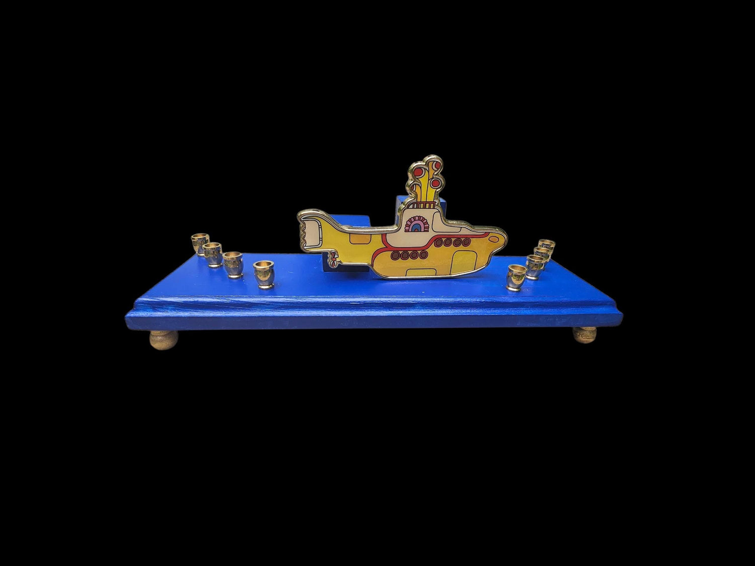 Beatles menorah — yellow submarine bottle opener magnet on painted wood base | Judaica Square Lakewood (view 4)