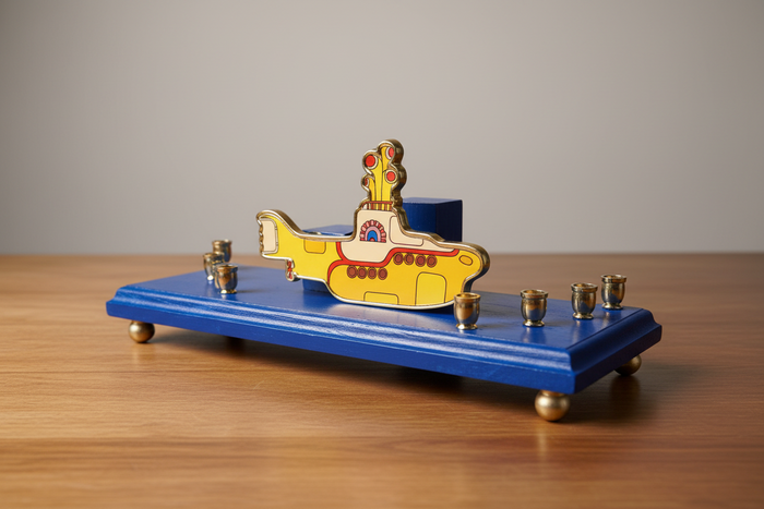 Beatles menorah — yellow submarine bottle opener magnet on painted wood base | Judaica Square Lakewood