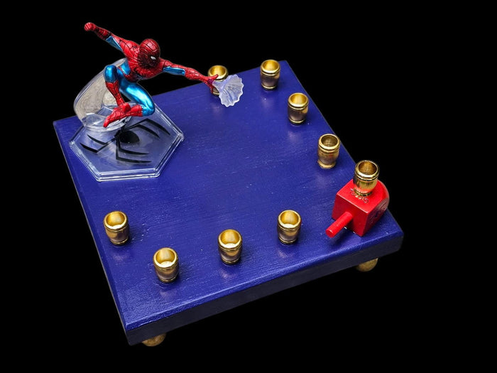 Spider-Man Menorah — red and blue Marvel figure on painted wood plaque | Judaica Square Lakewood
