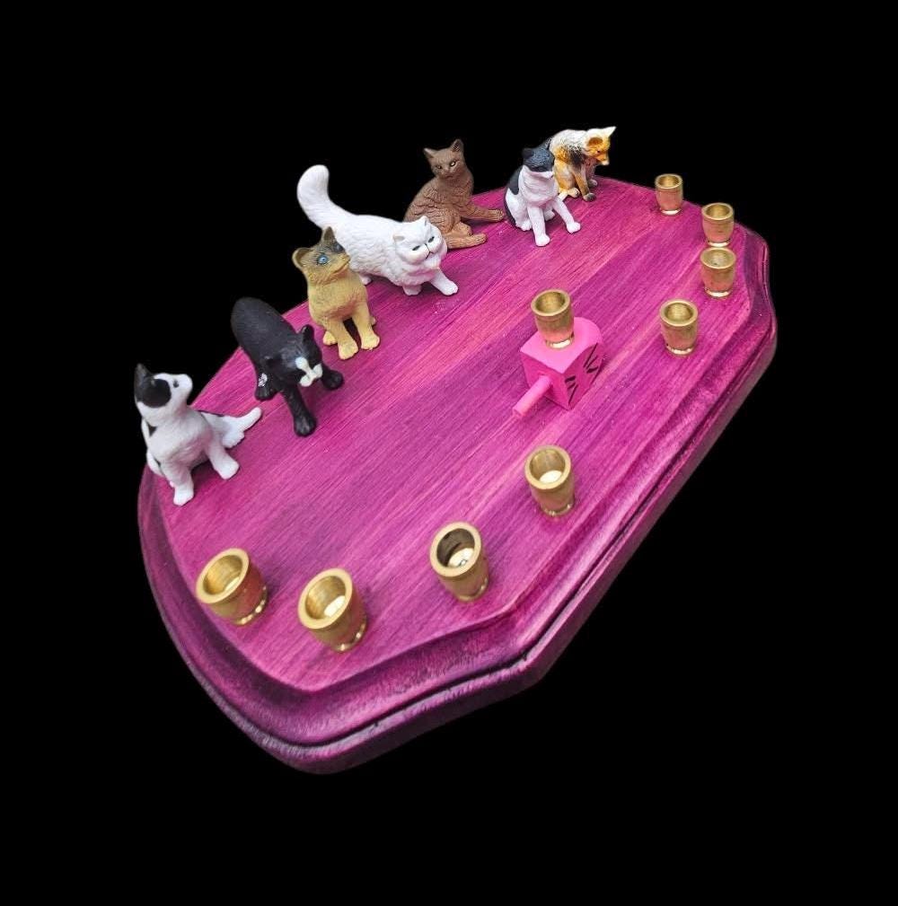 Cat menorah — kitty figures with pink whiskered dreidel on black cherry wood base | Judaica Square Lakewood (view 4)