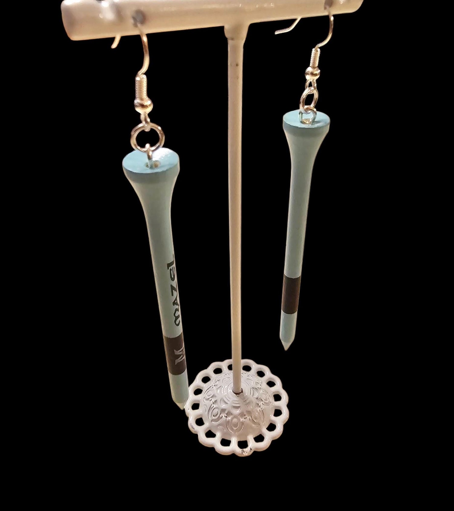 Mazel Tee Golf Tee Earrings — four-inch golf tee drop earrings | Judaica Square Lakewood (view 2)