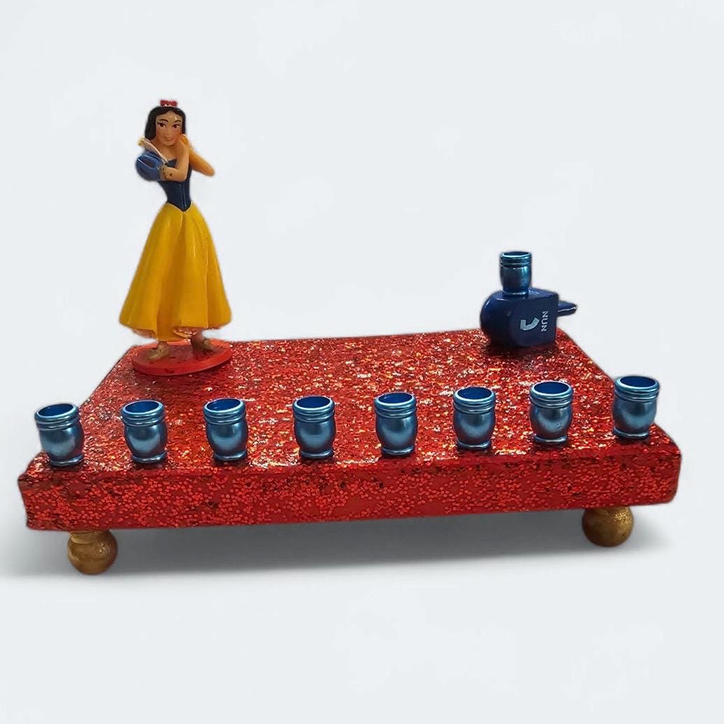 Snow White menorah — vintage Disney figure on red glitter base with blue cups | Judaica Square Lakewood (view 5)