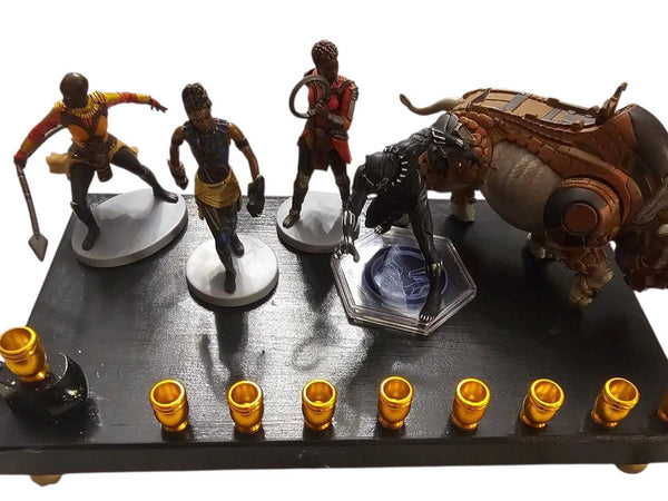 Black Panther menorah — Marvel figures on painted plaque with iridescent blue cups | Judaica Square Lakewood
