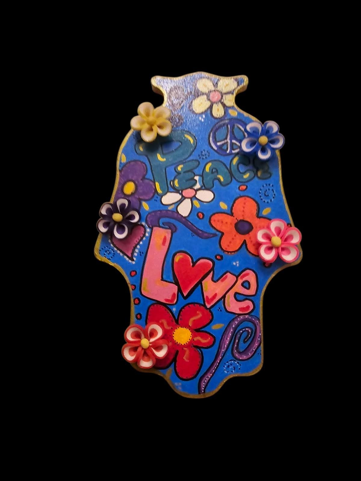 Boho hamsa — peace and love motifs with silicone flowers on MDF | Judaica Square Lakewood (view 2)