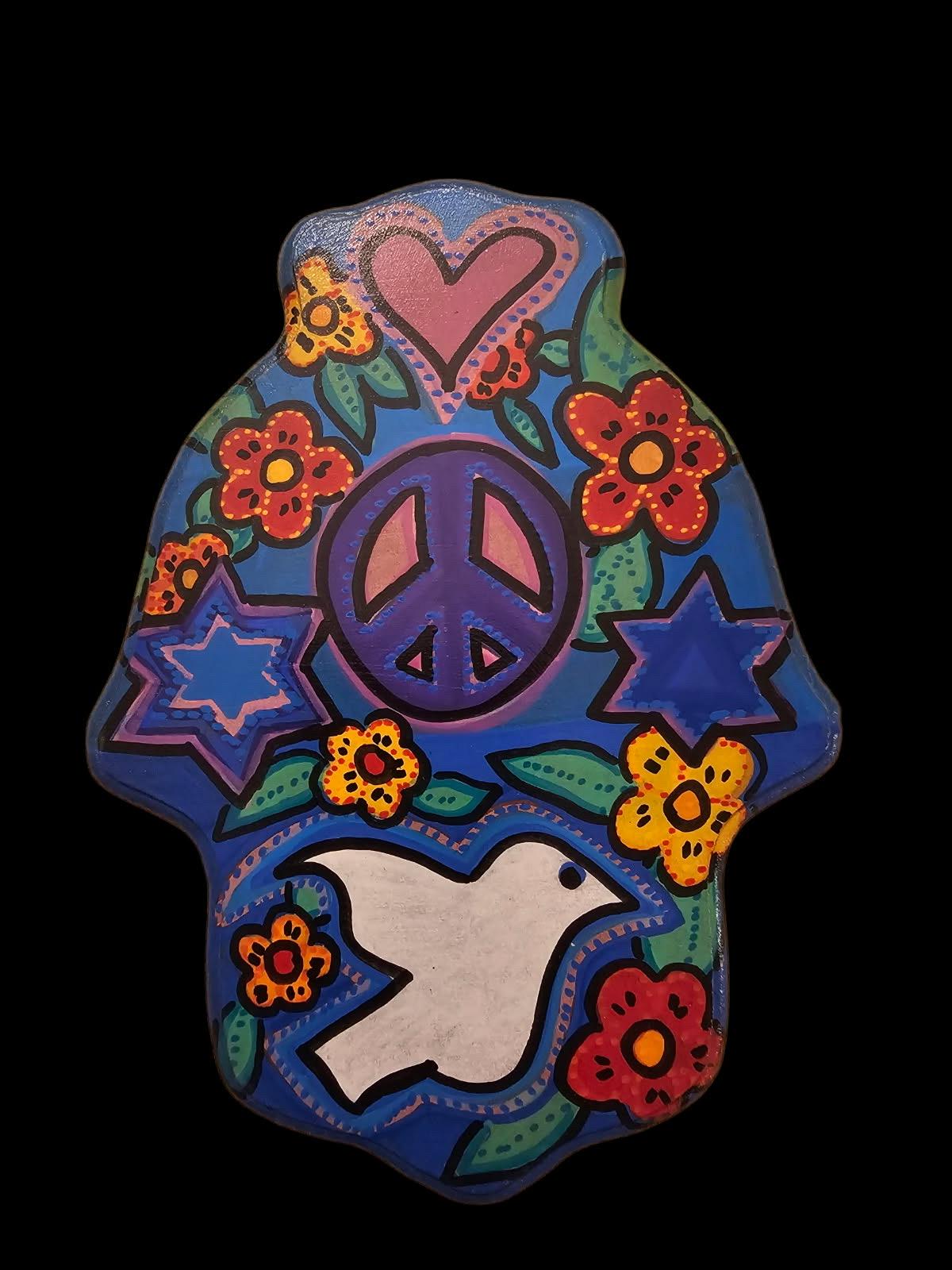 Hamsa wall art — peace dove, Jewish star and heart on painted MDF | Judaica Square Lakewood (view 3)