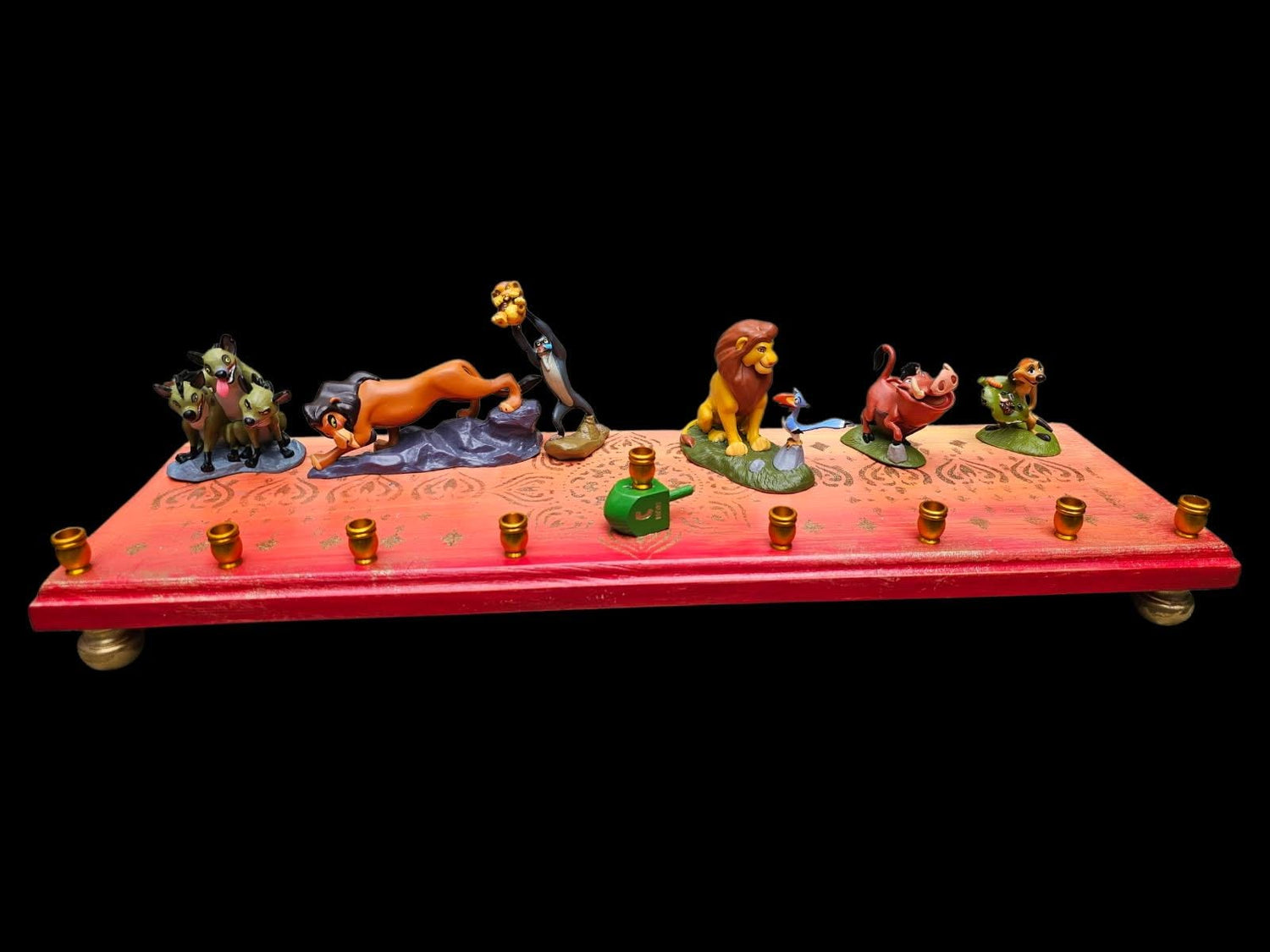 Lion King menorah — Mufasa and cubs on sunset mandala plaque with gold cups | Judaica Square Lakewood (view 2)