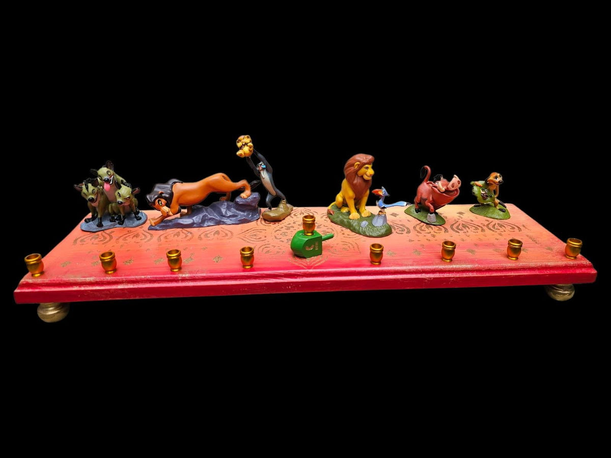 Lion King menorah — Mufasa and cubs on sunset mandala plaque with gold cups | Judaica Square Lakewood (view 2)
