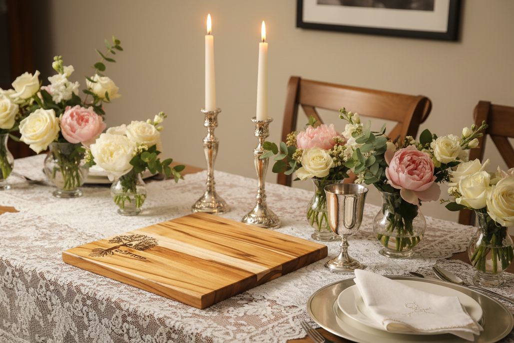 Feminine tree of life challah board — square teak etched with a stylized tree and Hebrew text | Judaica Square Lakew (view 2)