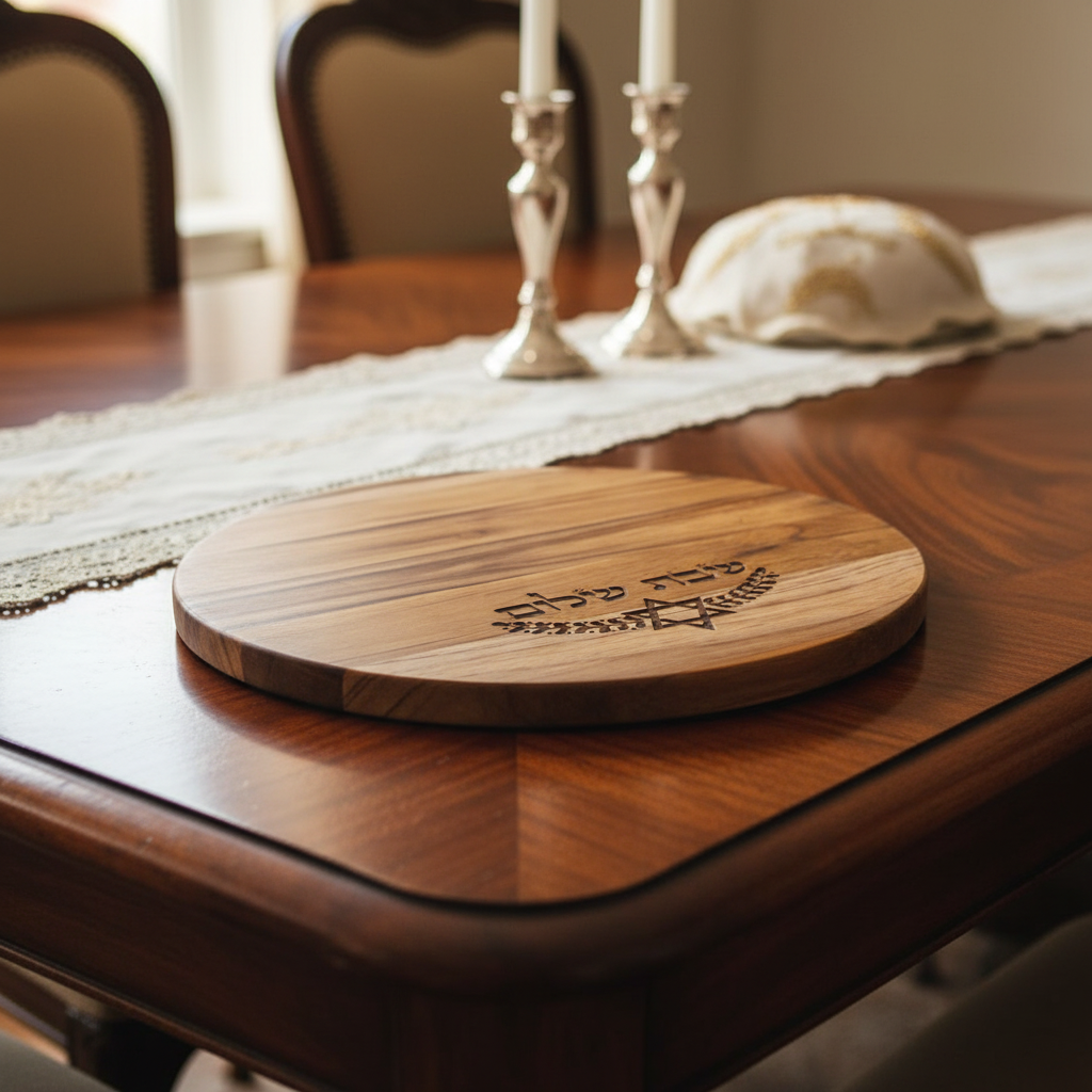 Teak challah board — round board etched with Shabbat Shalom in Hebrew | Judaica Square Lakewood (view 2)