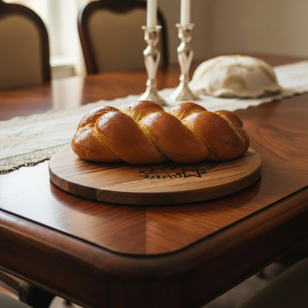 Teak challah board — round board etched with Shabbat Shalom in Hebrew | Judaica Square Lakewood (view 3)