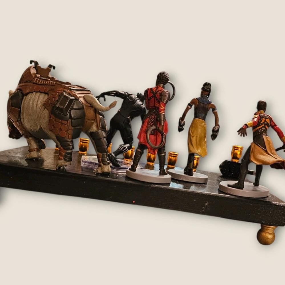 Black Panther menorah — Marvel figures on painted plaque with iridescent blue cups | Judaica Square Lakewood (view 4)