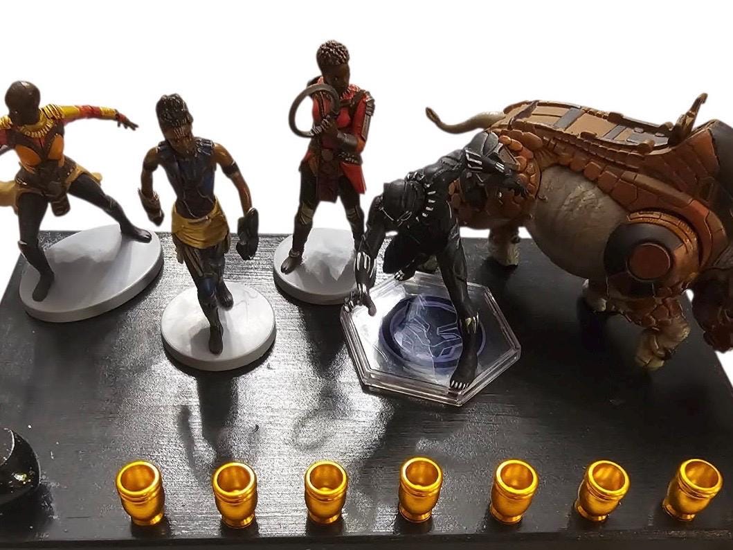 Black Panther menorah — Marvel figures on painted plaque with iridescent blue cups | Judaica Square Lakewood (view 2)