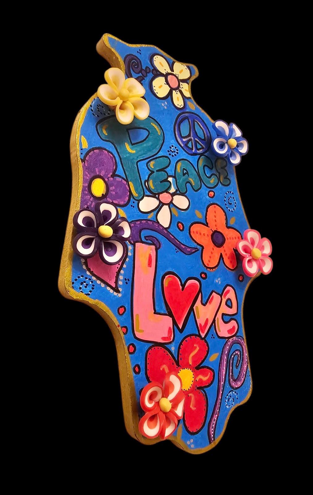 Boho hamsa — peace and love motifs with silicone flowers on MDF | Judaica Square Lakewood (view 3)