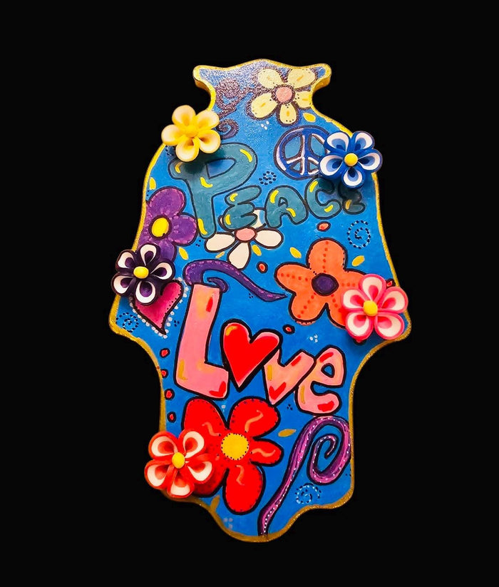 Boho hamsa — peace and love motifs with silicone flowers on MDF | Judaica Square Lakewood