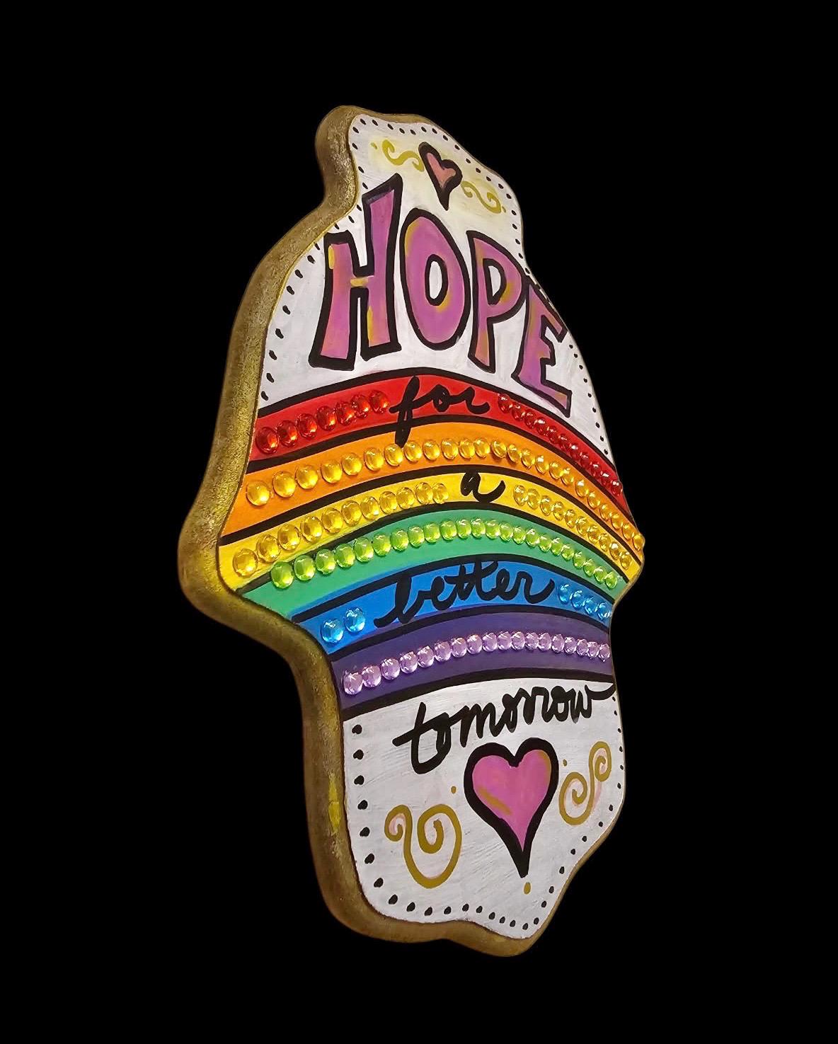 Rainbow hamsa — Hope for a Better Tomorrow painted MDF wall art | Judaica Square Lakewood (view 2)
