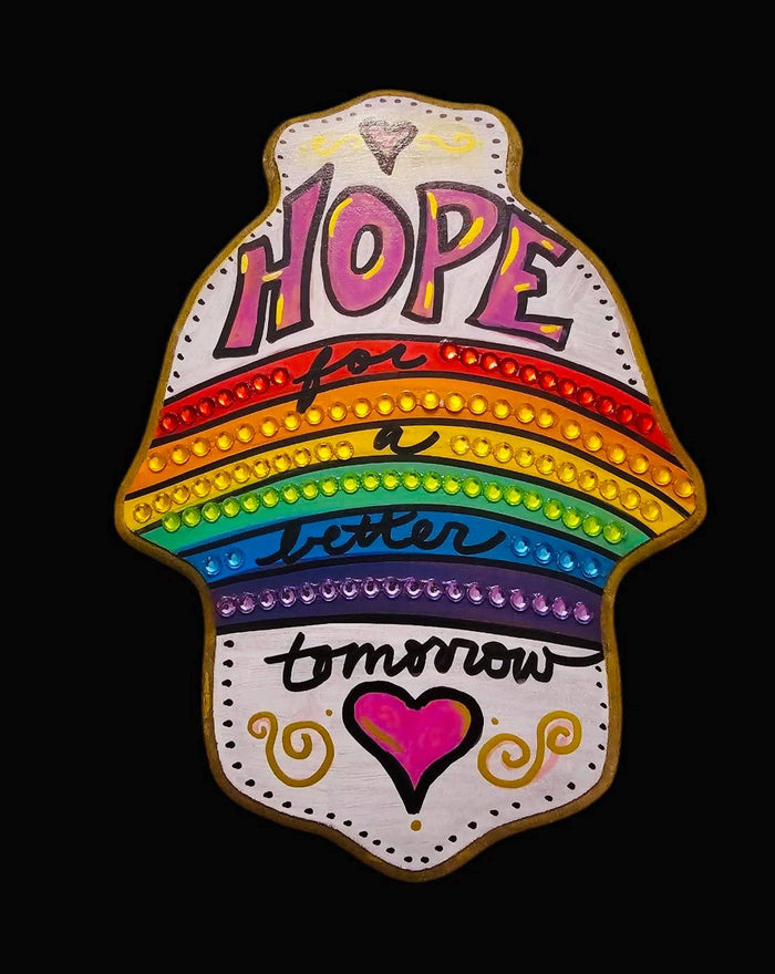 Rainbow hamsa — Hope for a Better Tomorrow painted MDF wall art | Judaica Square Lakewood