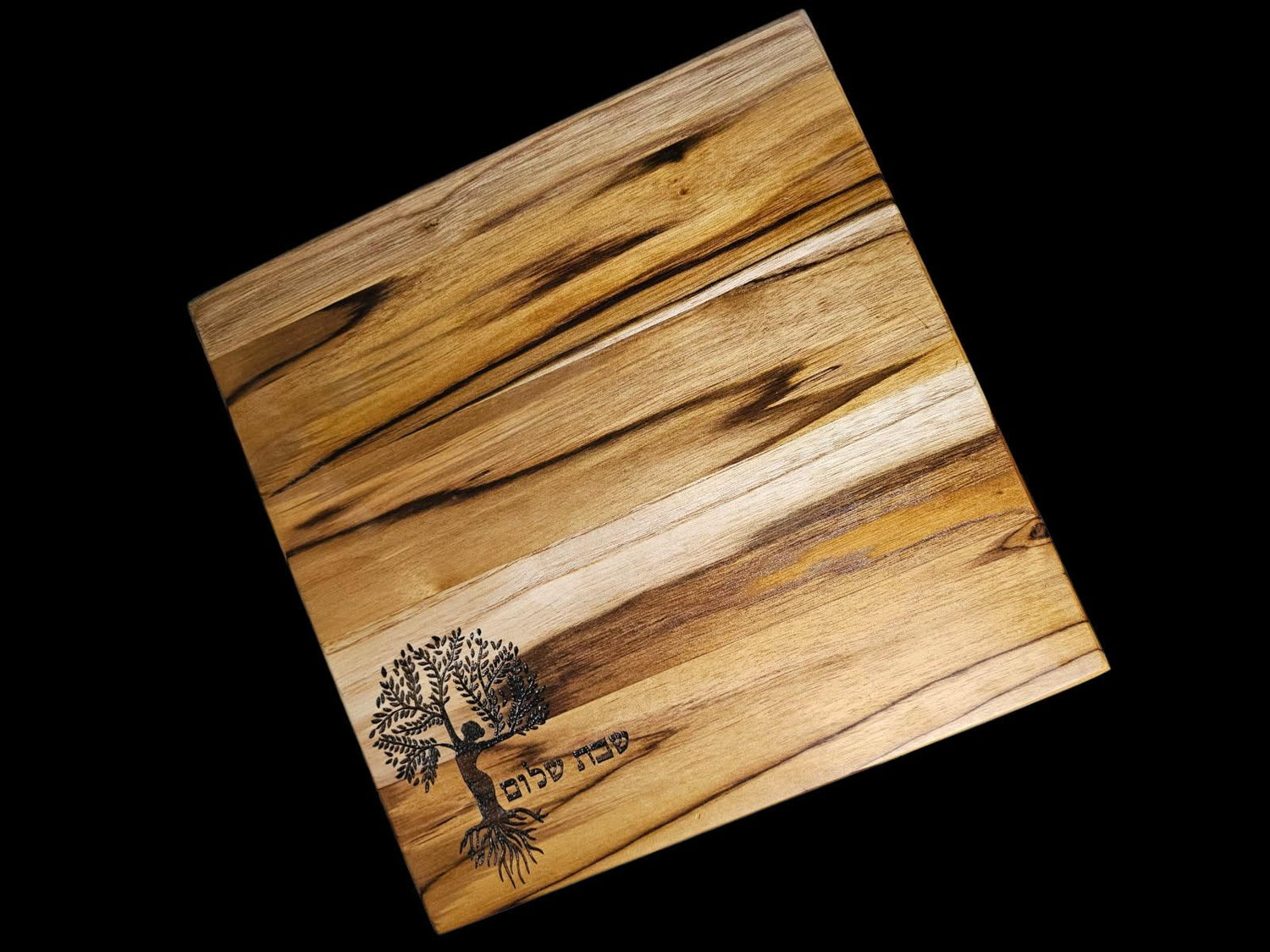 Feminine tree of life challah board — square teak etched with a stylized tree and Hebrew text | Judaica Square Lakew (view 6)