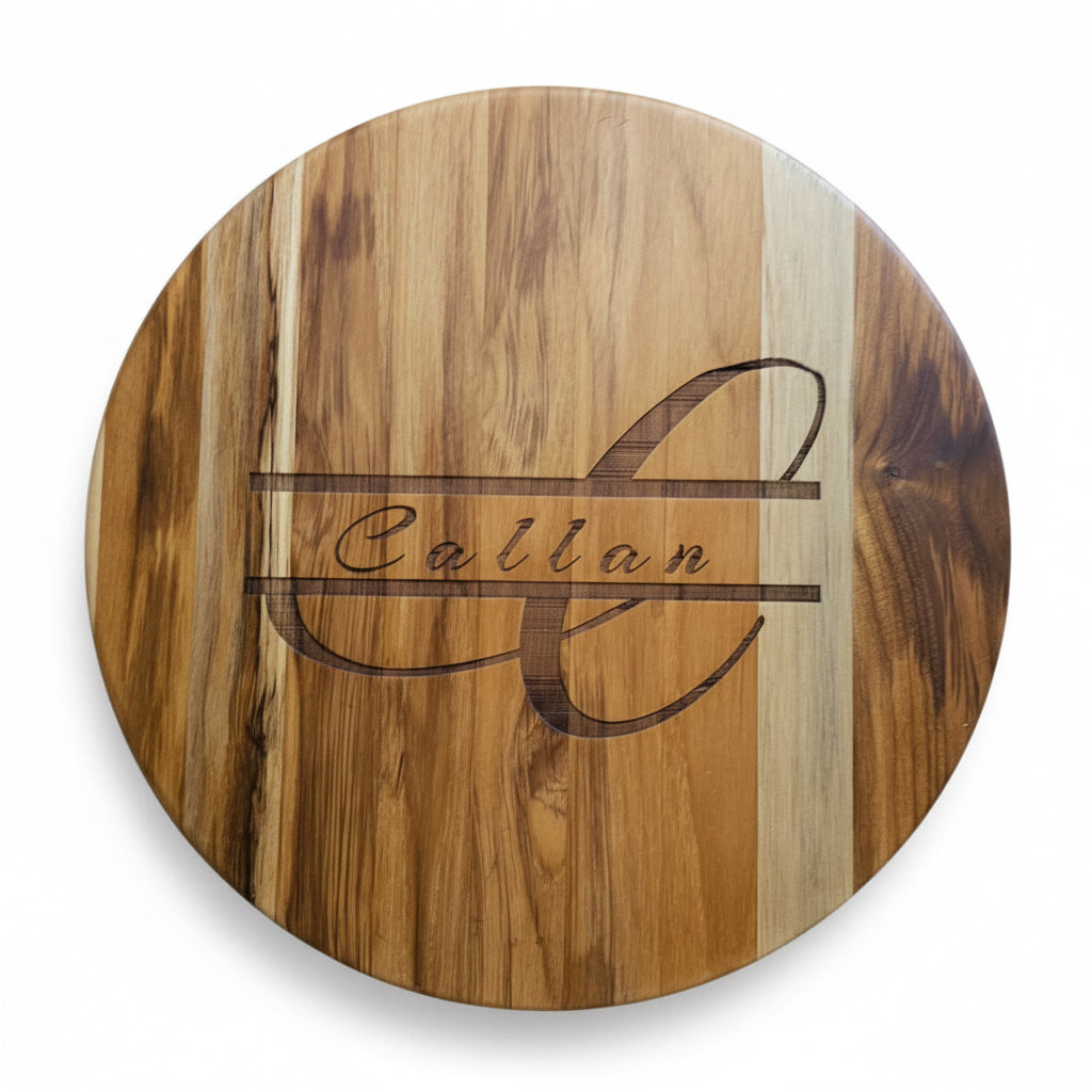 Monogrammed teak serving board — solid wood cutting board engraved with a custom initial | Judaica Square Lakewood (view 2)