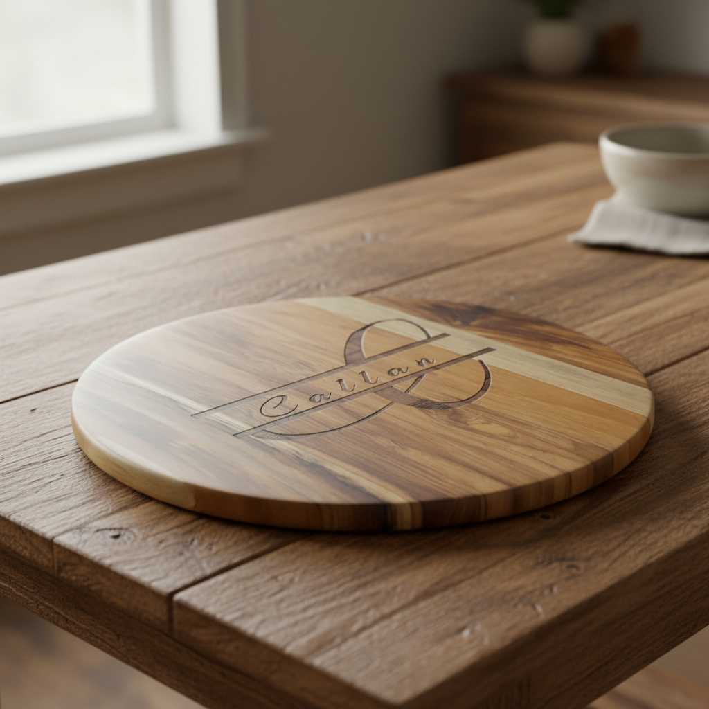 Monogrammed teak serving board — solid wood cutting board engraved with a custom initial | Judaica Square Lakewood (view 4)