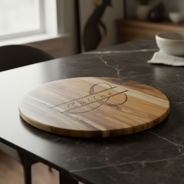 Monogrammed teak serving board — solid wood cutting board engraved with a custom initial | Judaica Square Lakewood