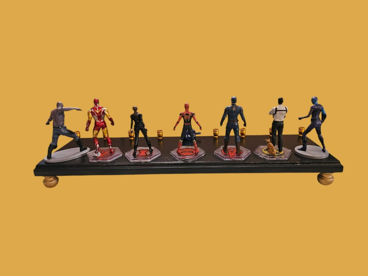 Avengers menorah — Marvel superhero action figures with brass candle cups on wood plaque | Judaica Square Lakewood (view 5)