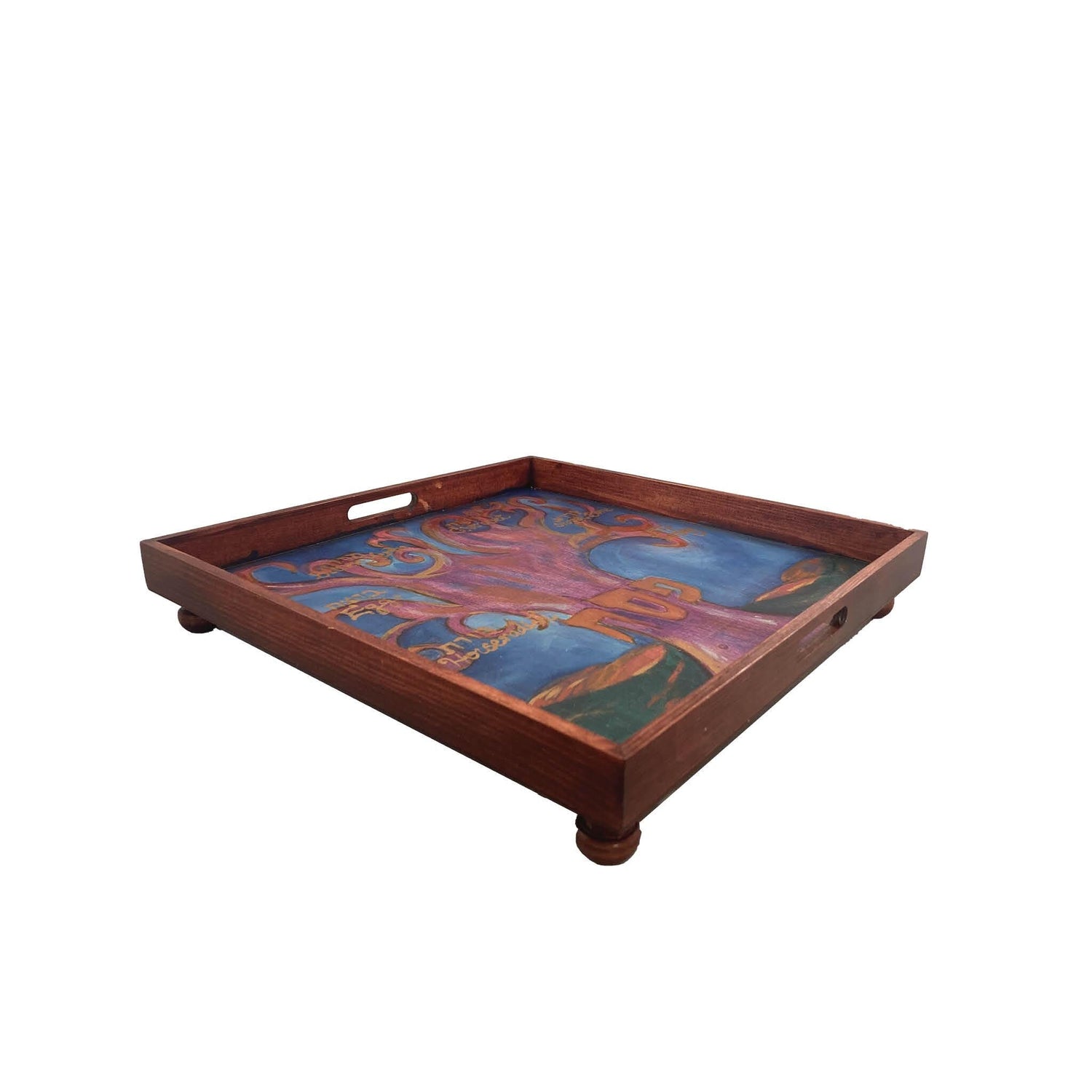 Tree of life seder tray — hand-painted square hardwood tray with labeled bowls | Judaica Square Lakewood (view 4)