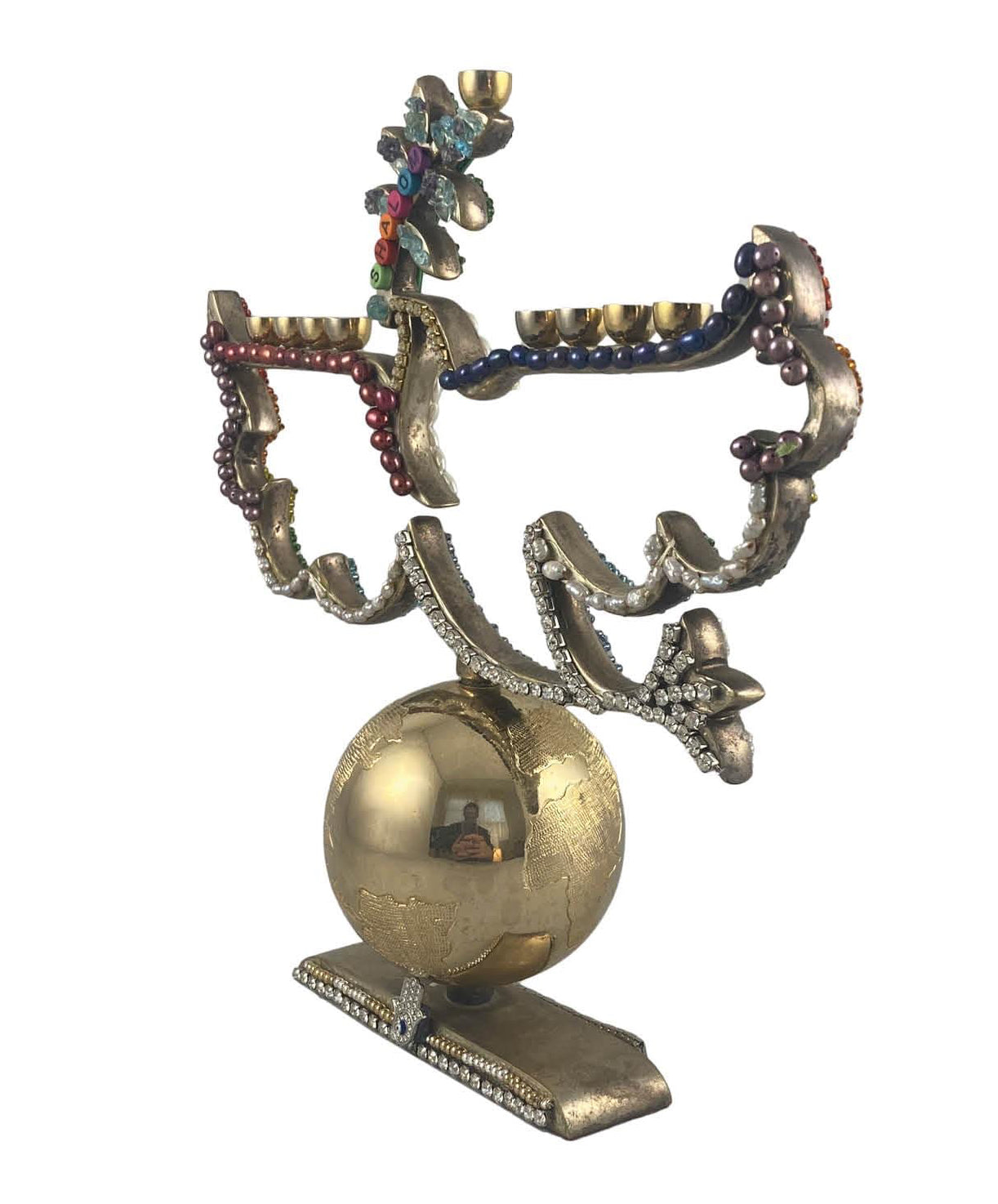 Dove and earth menorah — solid metal frame beaded with pearls and rainbow seed beads | Judaica Square Lakewood (view 3)