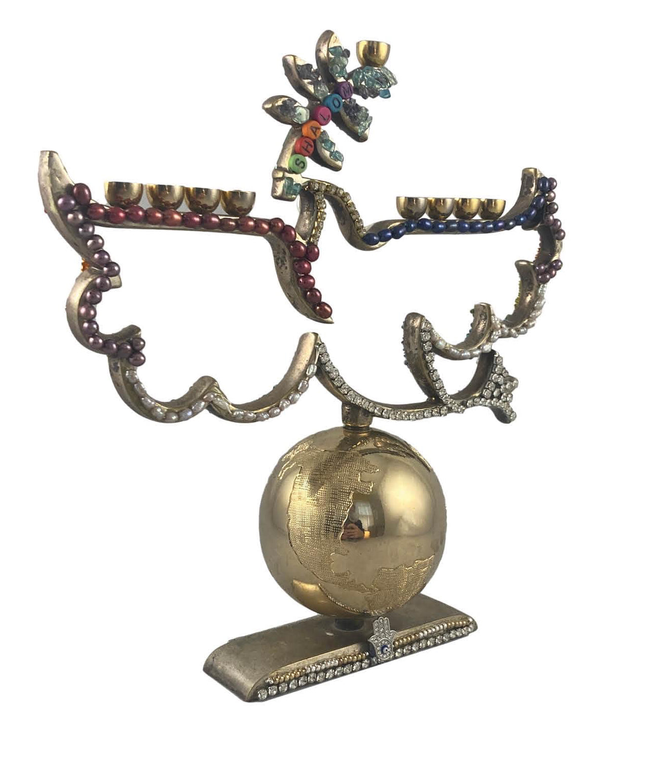 Dove and earth menorah — solid metal frame beaded with pearls and rainbow seed beads | Judaica Square Lakewood (view 4)