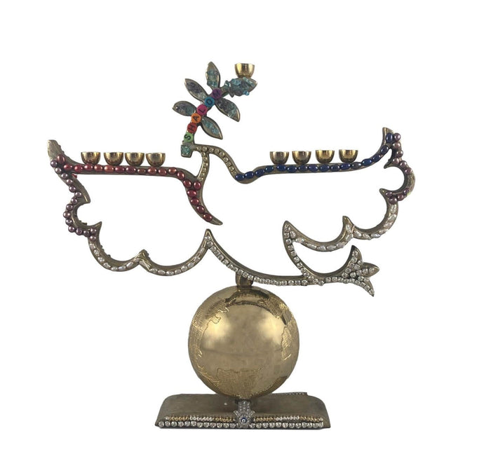 Dove and earth menorah — solid metal frame beaded with pearls and rainbow seed beads | Judaica Square Lakewood