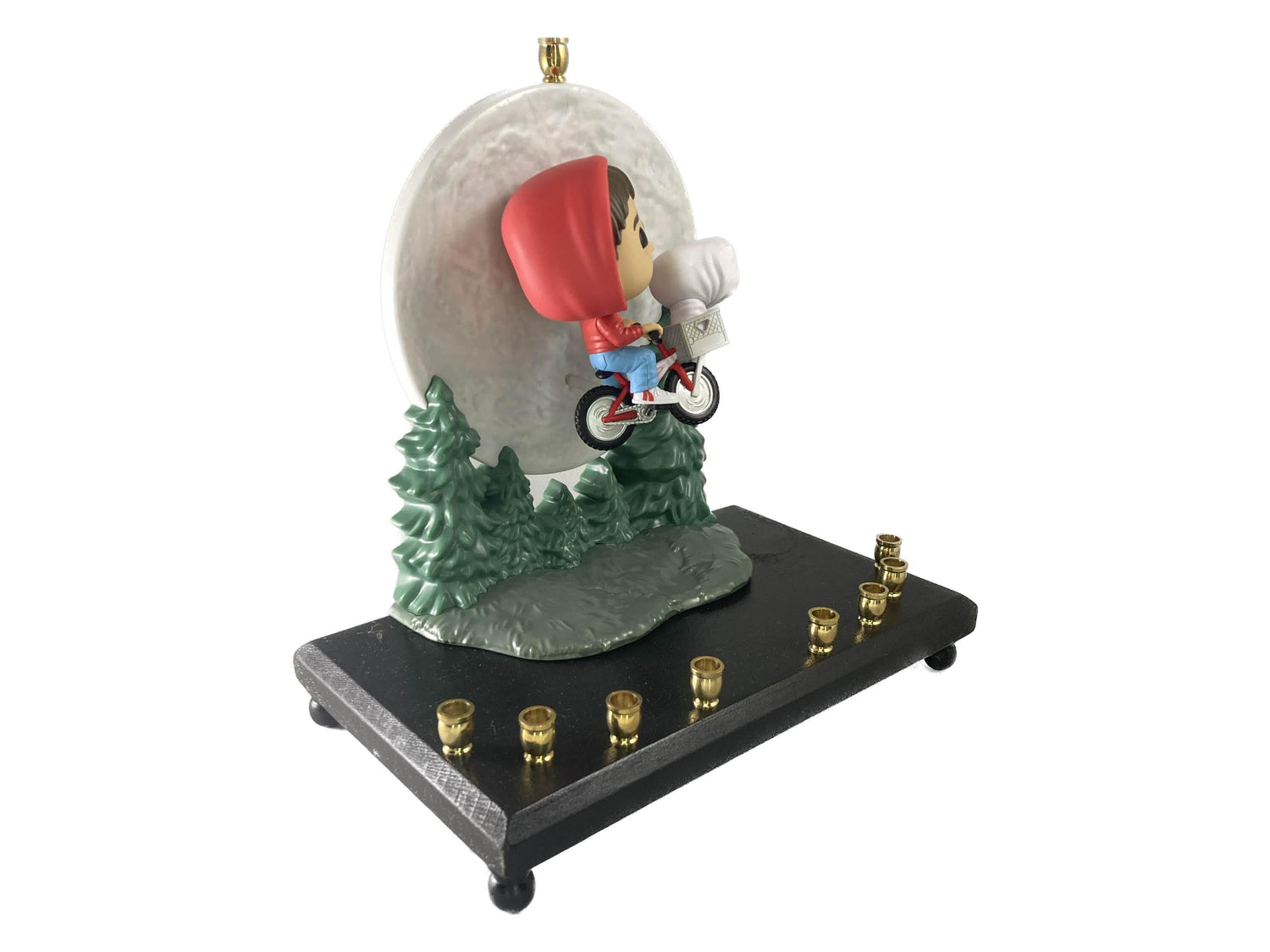 E.T. menorah — Elliot and E.T. on a bicycle above brass candle cups | Judaica Square Lakewood (view 3)