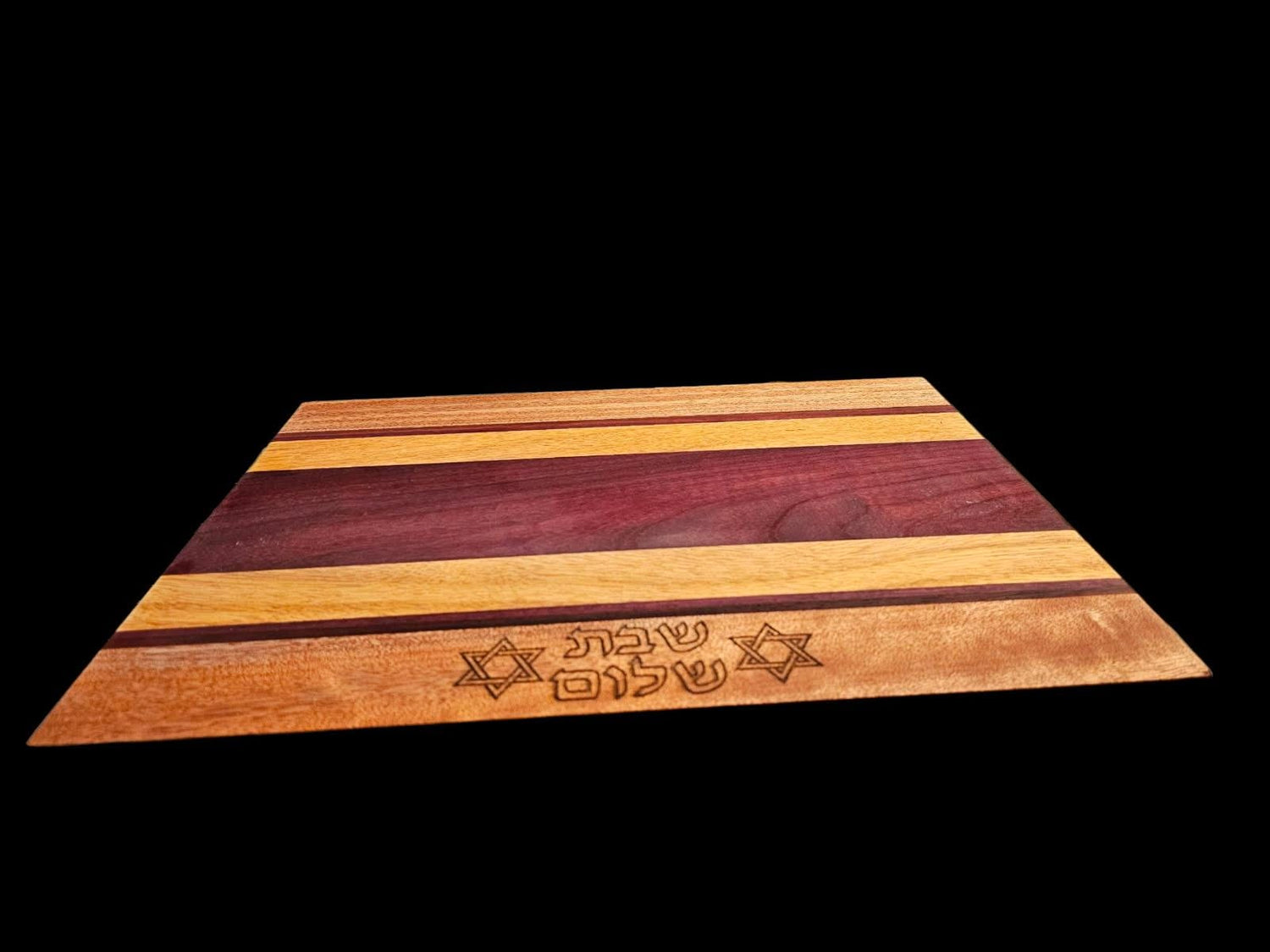 Shabbat Shalom challah board — striped exotic hardwood etched with Hebrew and Jewish stars | Judaica Square Lakewood (view 2)