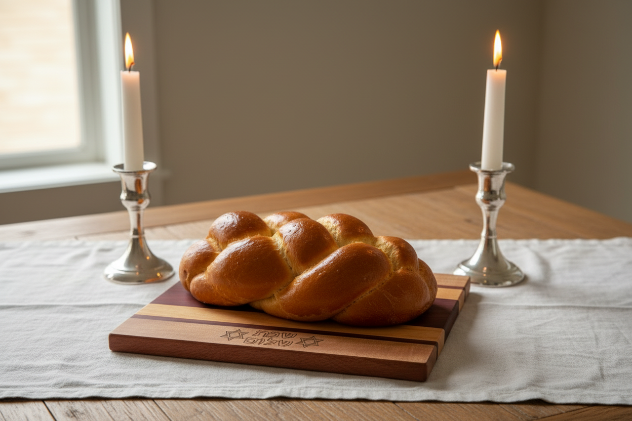 Shabbat Shalom challah board — striped exotic hardwood etched with Hebrew and Jewish stars | Judaica Square Lakewood (view 6)