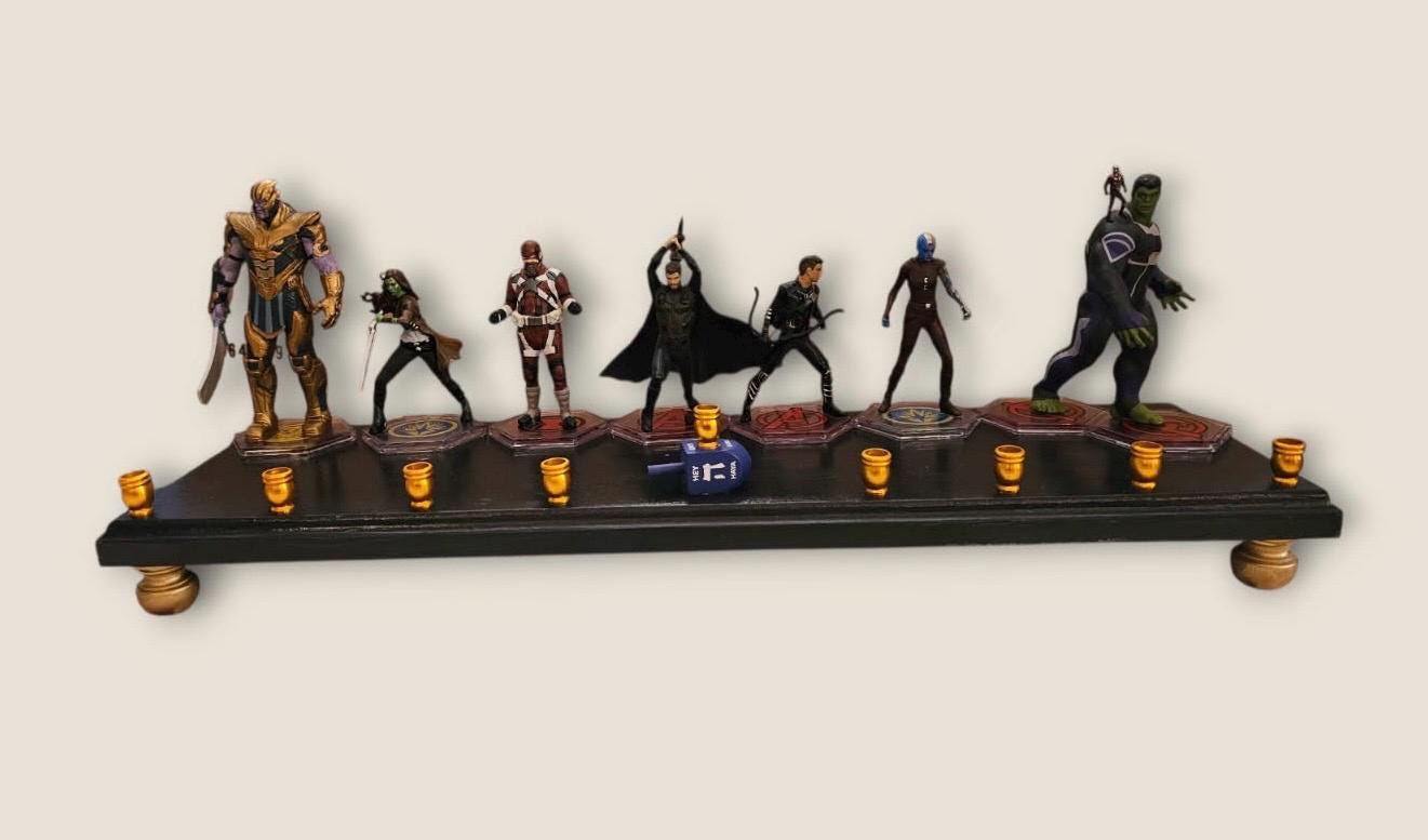 Avengers menorah — Marvel superhero action figures with brass candle cups on wood plaque | Judaica Square Lakewood (view 6)