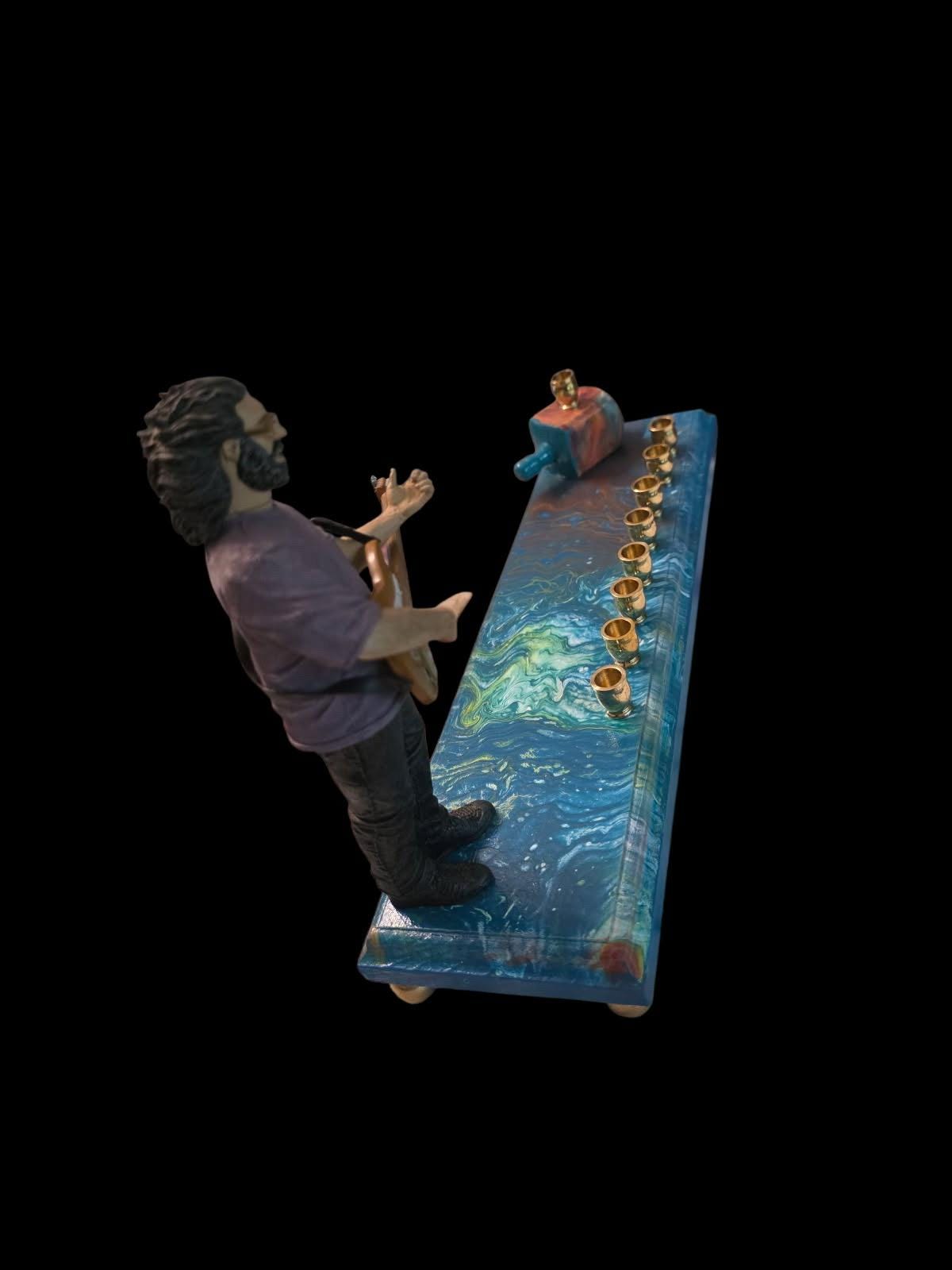 Vintage Jerry Garcia Menorah — guitarist figure on a psychedelic swirled base | Judaica Square Lakewood (view 3)