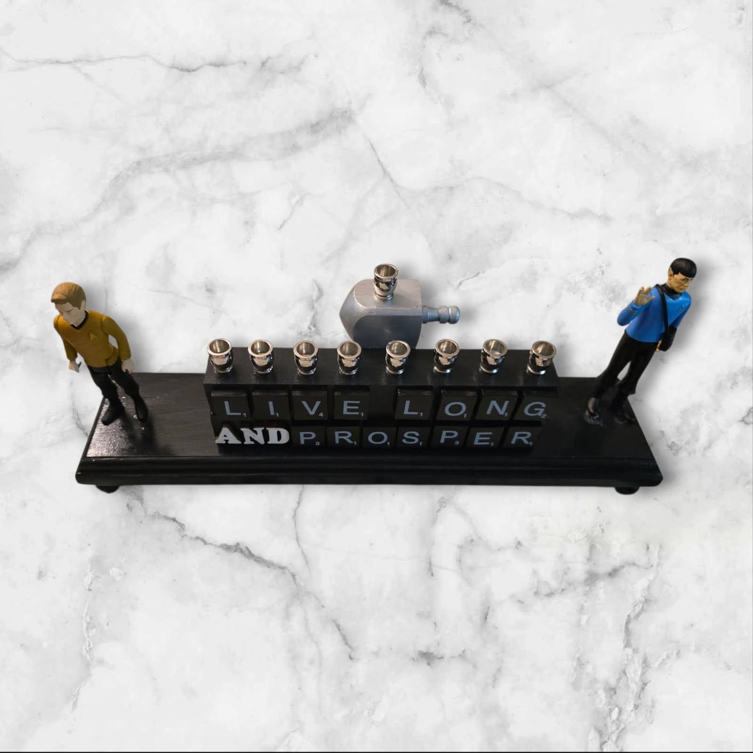 Star Trek Menorah — vintage Spock and Kirk figures with Live Long and Prosper tiles | Judaica Square Lakewood (view 2)