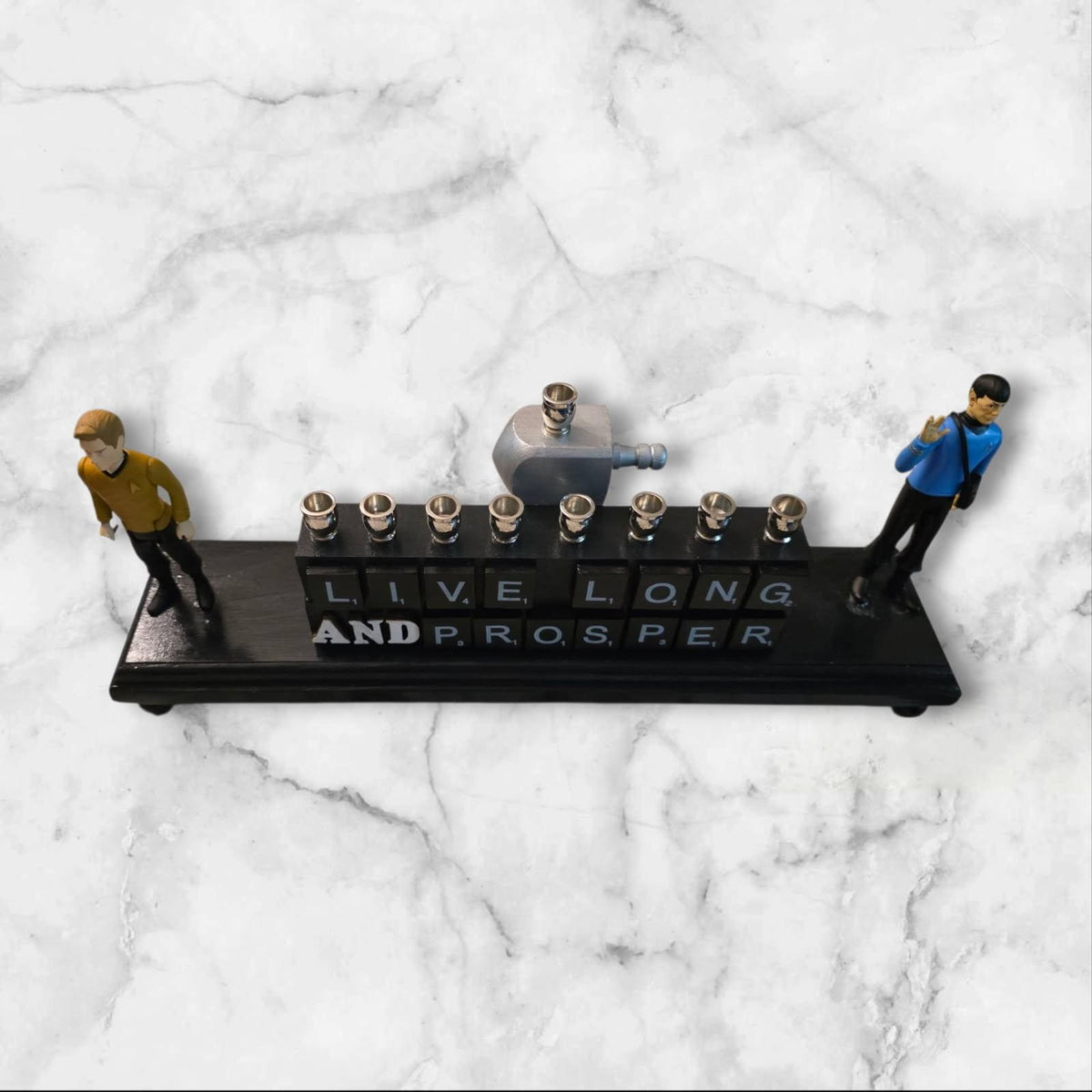 Star Trek Menorah — vintage Spock and Kirk figures with Live Long and Prosper tiles | Judaica Square Lakewood (view 2)