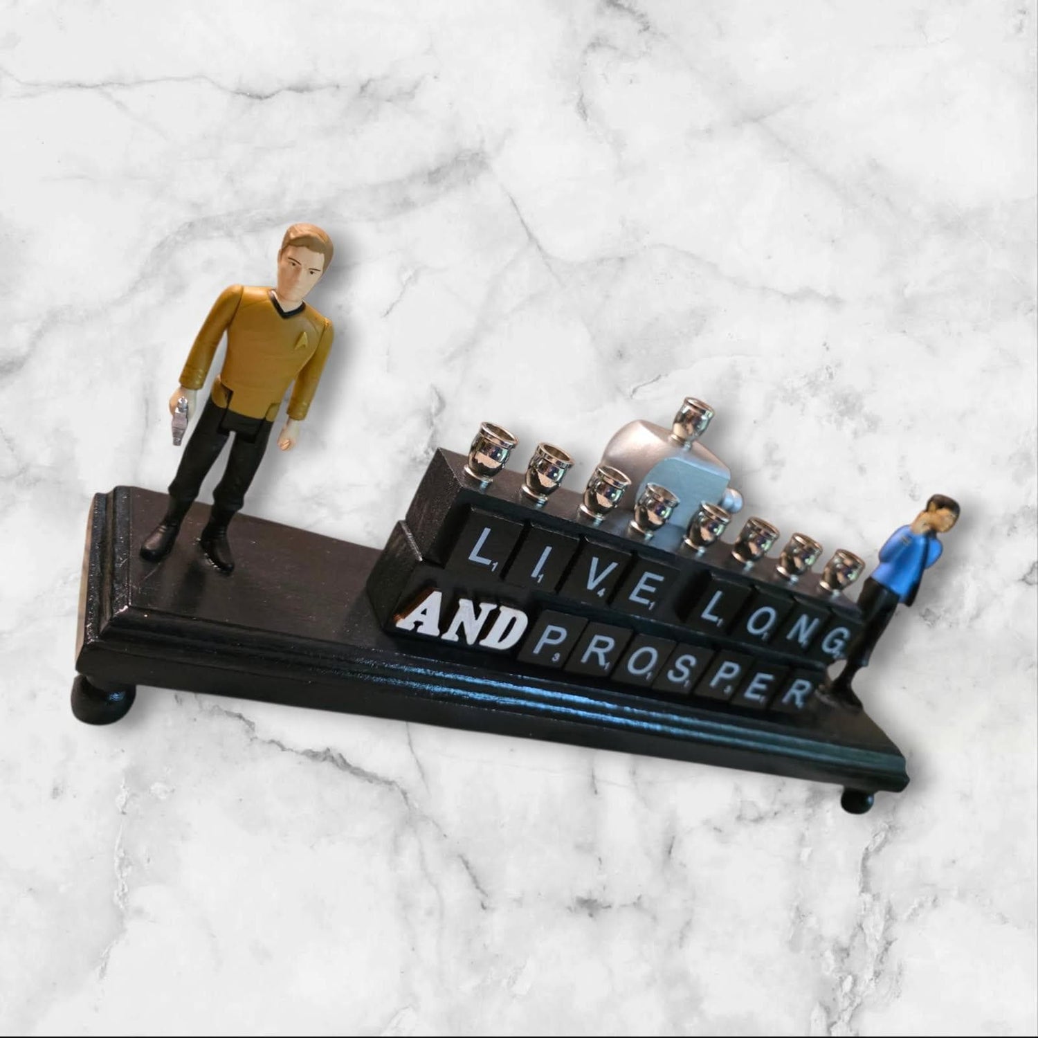 Star Trek Menorah — vintage Spock and Kirk figures with Live Long and Prosper tiles | Judaica Square Lakewood (view 3)