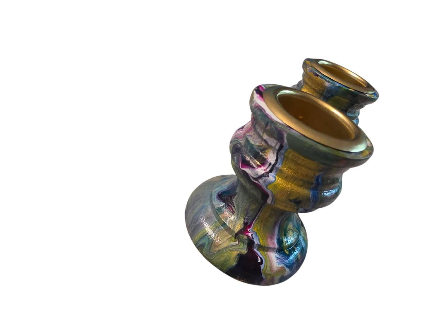 Mismatched Shabbat candlesticks — whimsical and psychedelic hand-painted wooden pairs | Judaica Square Lakewood (view 5)