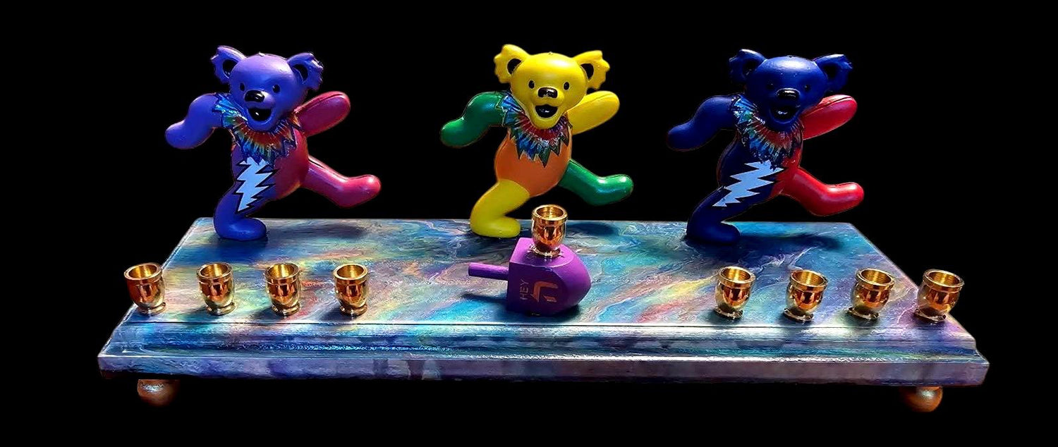 Psychedelic Dancing Bears Menorah — bear figures on a swirled paint-poured base | Judaica Square Lakewood (view 3)