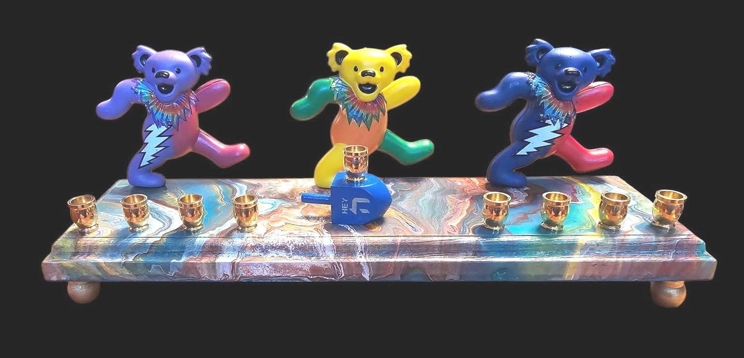 Psychedelic Dancing Bears Menorah — bear figures on a swirled paint-poured base | Judaica Square Lakewood (view 4)