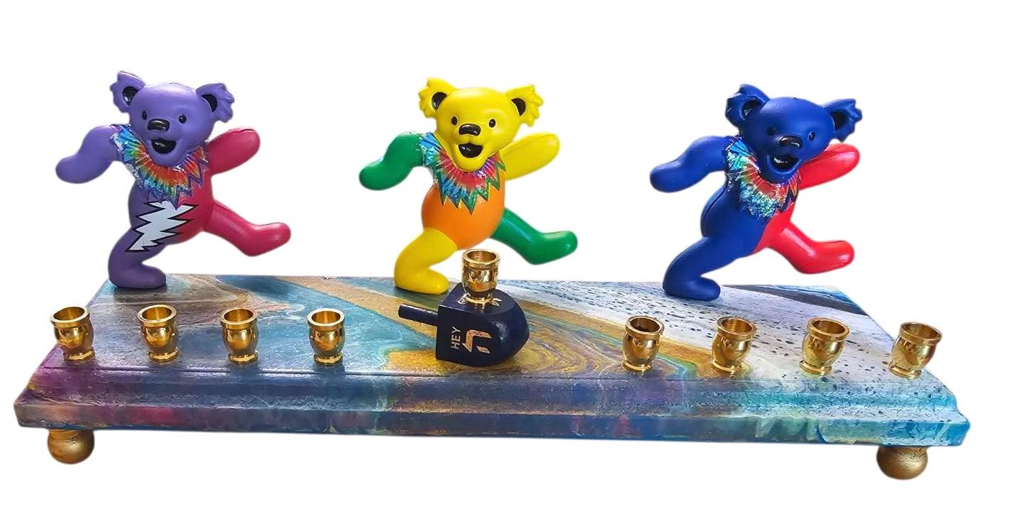 Psychedelic Dancing Bears Menorah — bear figures on a swirled paint-poured base | Judaica Square Lakewood (view 5)