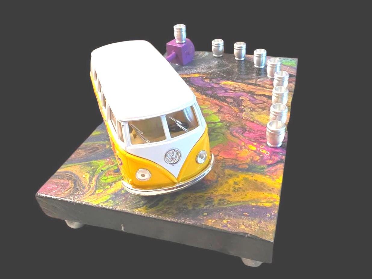 Hippie peace bus menorah — die-cast bus on a swirled acrylic plaque with beads and dreidel | Judaica Square Lakewood (view 3)