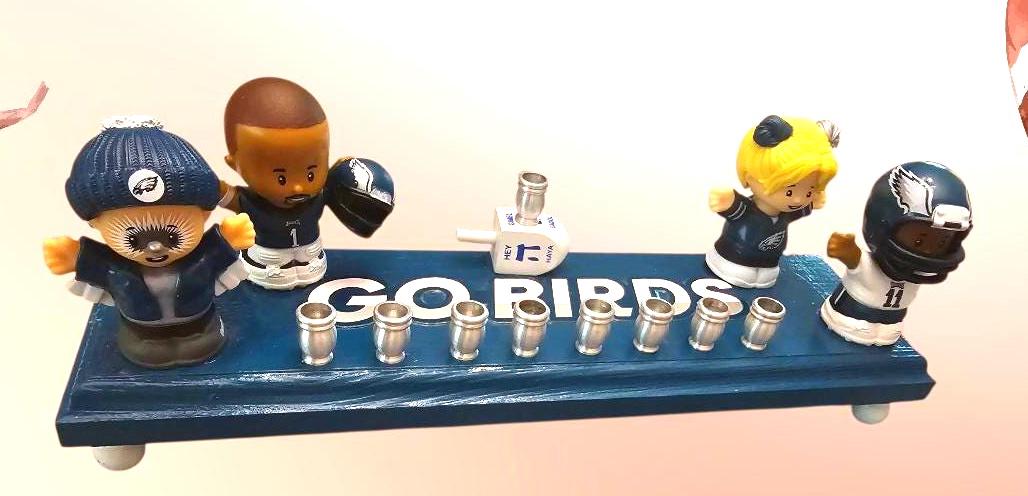 Eagles Collector Menorah — little people football figures with silver cups | Judaica Square Lakewood (view 2)