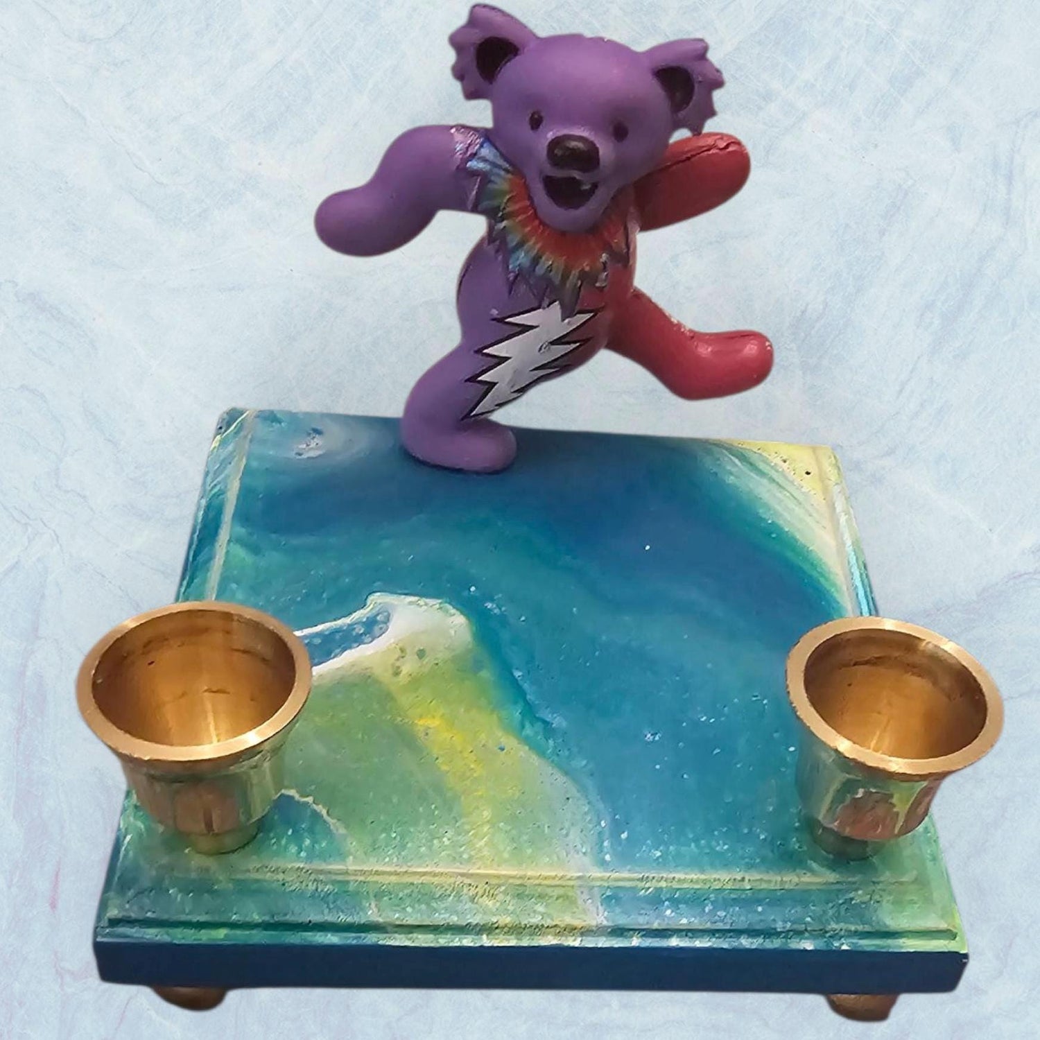 Grateful Dead dancing bear Shabbat candlestick — psychedelic poured paint base with brass cups | Judaica Square Lake (view 3)