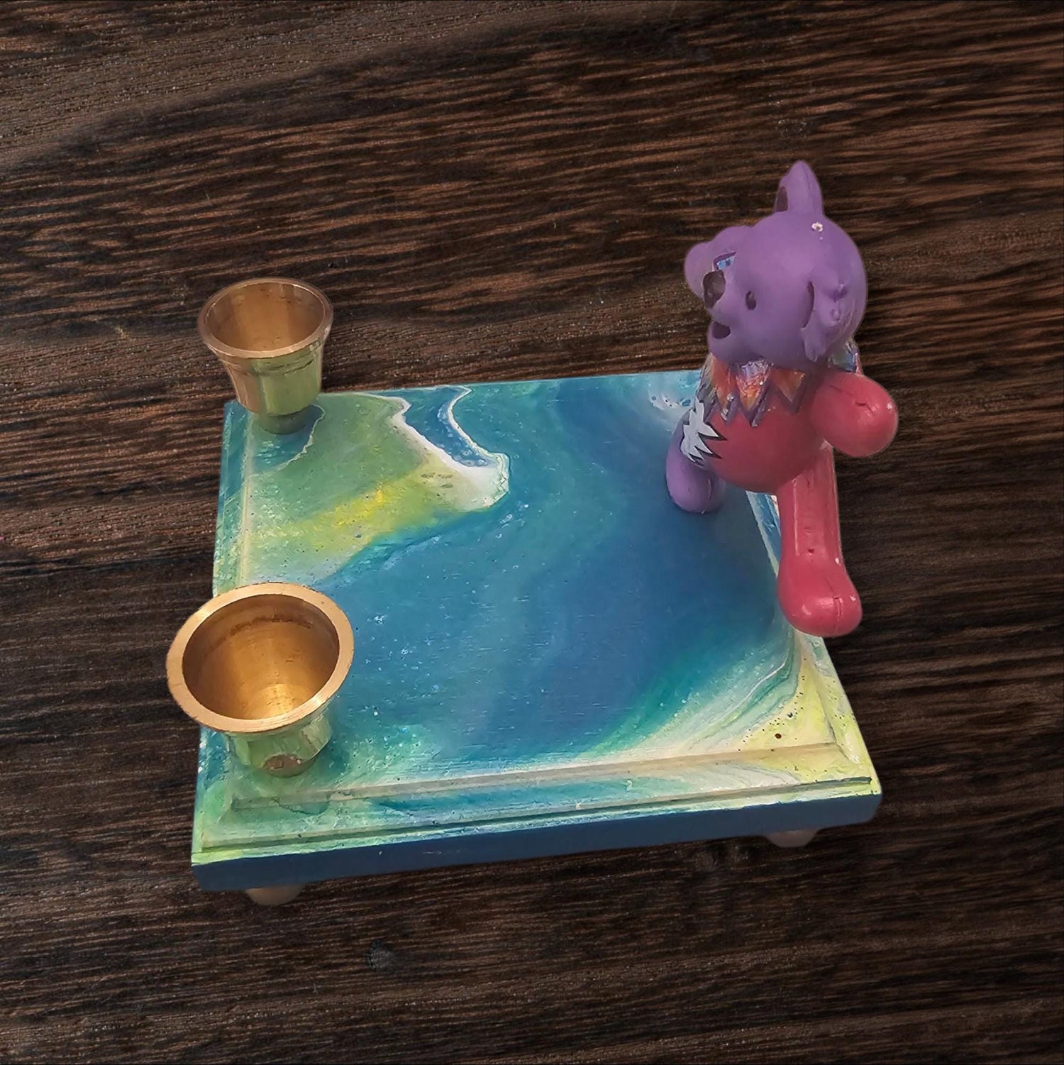 Grateful Dead dancing bear Shabbat candlestick — psychedelic poured paint base with brass cups | Judaica Square Lake (view 4)