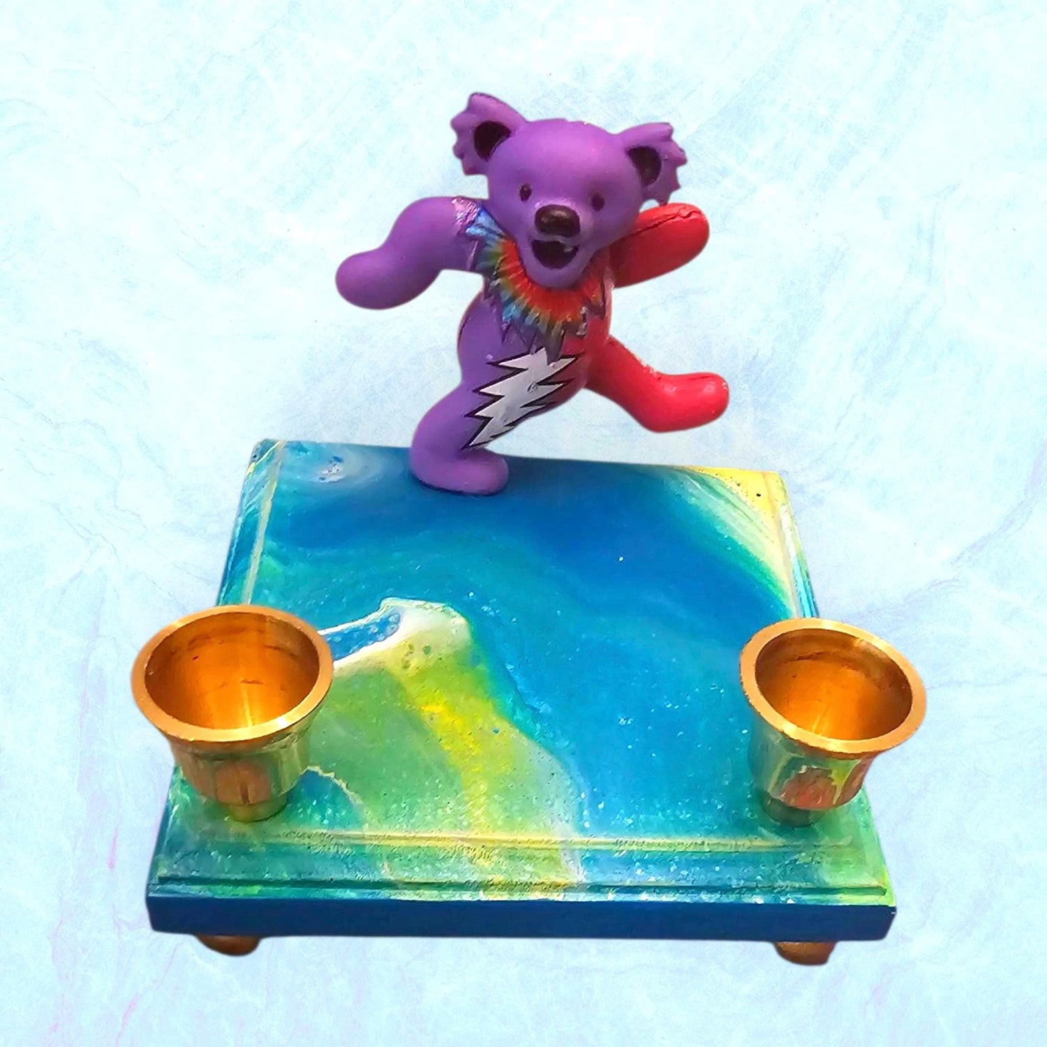 Grateful Dead dancing bear Shabbat candlestick — psychedelic poured paint base with brass cups | Judaica Square Lake (view 2)