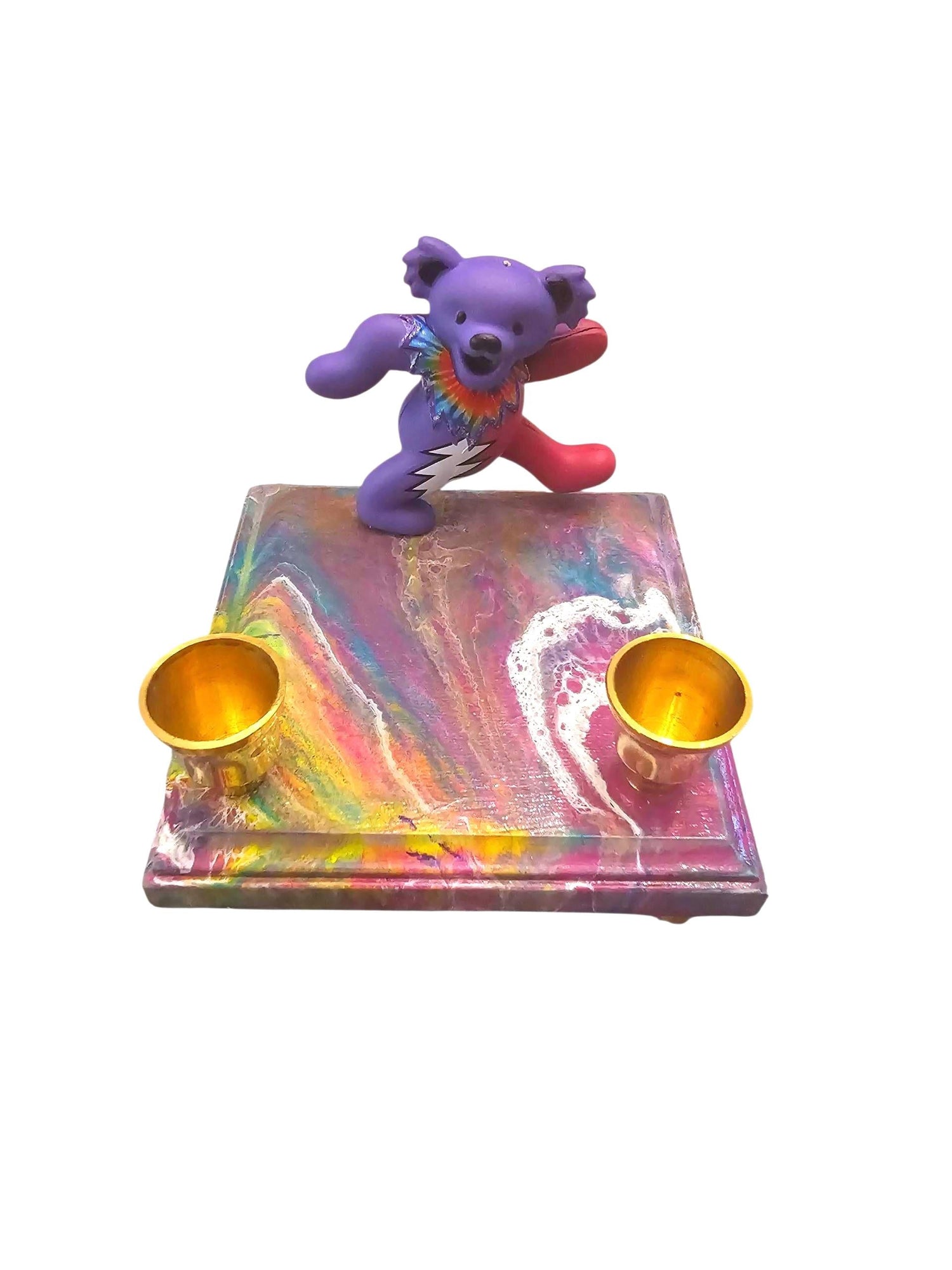 Grateful Dead dancing bear Shabbat candlestick — psychedelic poured paint base with brass cups | Judaica Square Lake (view 5)